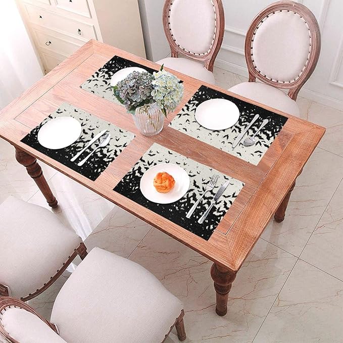 Halloween Placemats 12x18 Inches Set of 4,Black Bat Decorative Autumn Halloween Decoration Rectangle Black Linen Table Mats for Party Home Kitchen Dining Table Decoration