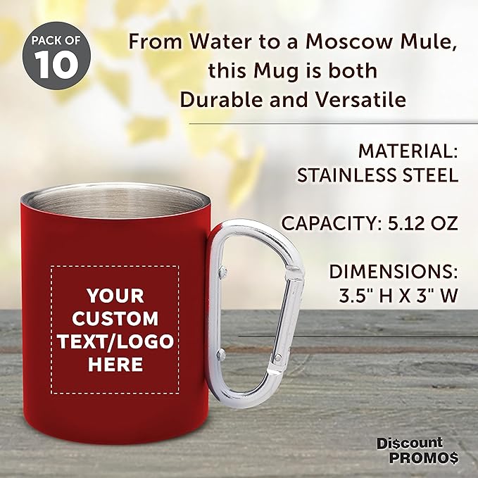 Custom Stainless Steel Mugs with Carabiner Handle 10 oz. Set of 10, Personalized Bulk Pack - Perfect for Coffee, Soda, Other Hot & Cold Beverages - Red