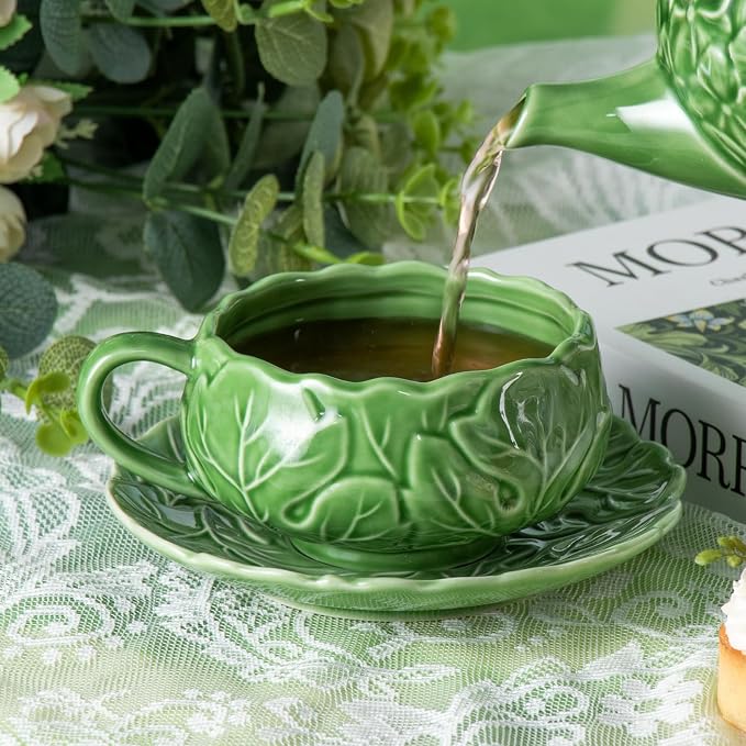 KAMMAK Tea Cups and Saucers Set of 2, 10 oz Porcelain Coffee Cups, SY008 | - Image 5