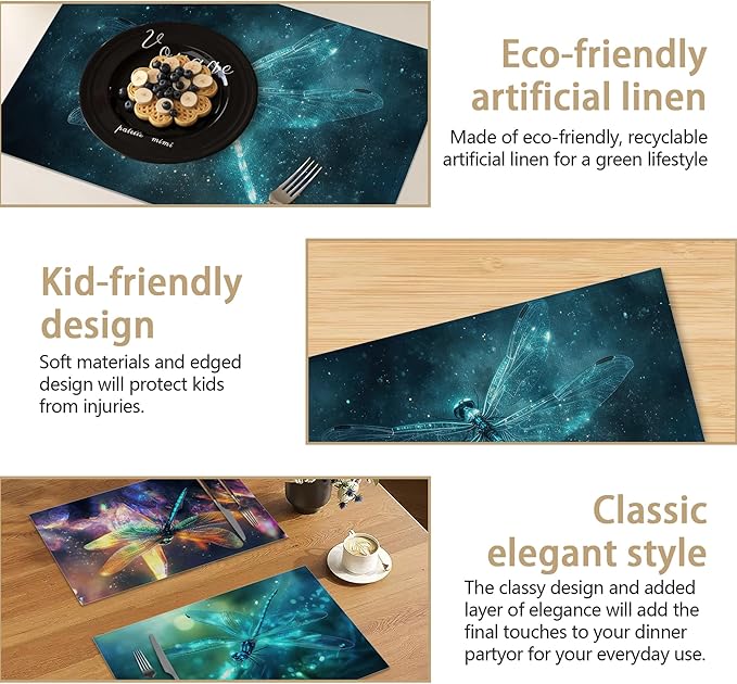 Fantasy Green Dragonfly Placemats Set of 6, Cute Linen Washable for Christmas, Thanksgiving, Party, and Daily Dining, Decorative Table Mats for 4-6 Person Table