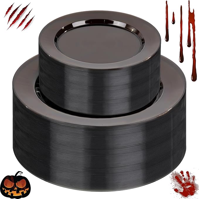 I00000 102 Pcs Clear Black Plastic Plates, Black Disposable Party Halloween Plates Include 51 Dinner Plate 10’’ and 51 Dessert Plate 7’’ Perfect for Wedding, Party & Halloween