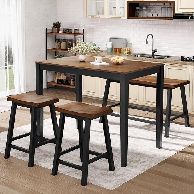 Sophia & William Dining Table Set for 4, Wooden Kitchen Table Set with Bench and 2 Chairs, Space-Saving Farmhouse Dining Sets,Walnut & Black