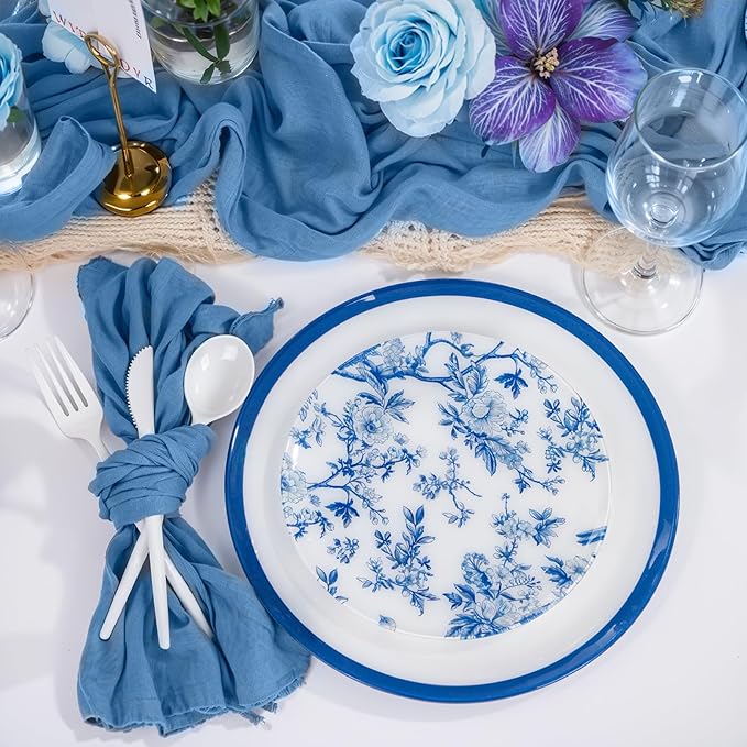 EI 60pcs Blue and White Floral Plastic Plates Fancy Blue Floral Disposable Heavy Duty,10.25inch Dinner Plate and 7.5inch Dessert Plate,Disposable Nice Plastic Plates for Party,Wedding(Value,Elegant)