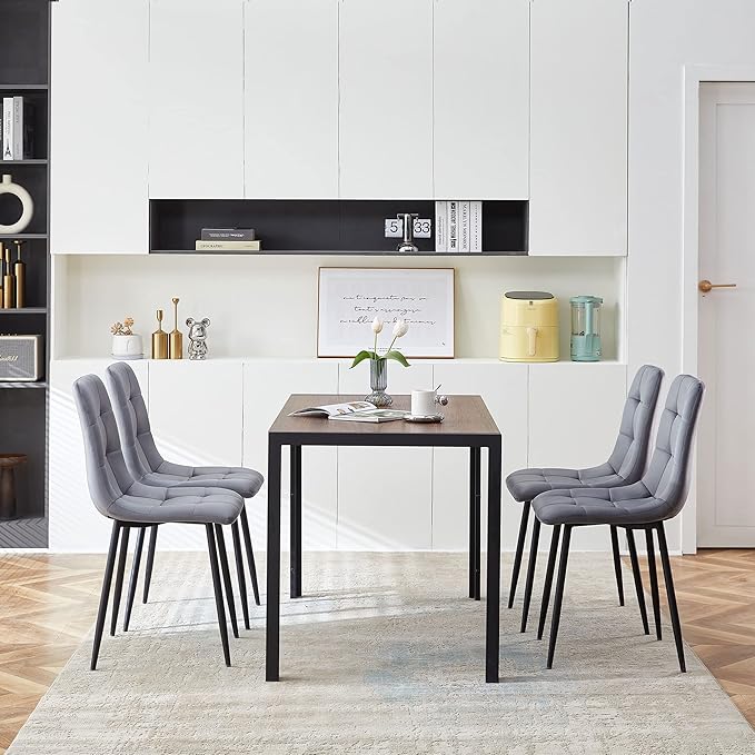 5 PCS Dining Table Set for 4, Modern Engineered Wood Table Walnut Wipe Clean with 4 Upholstered Velvet Home Chair Soft No Arms Accent Chairs with Back for Small Spaces