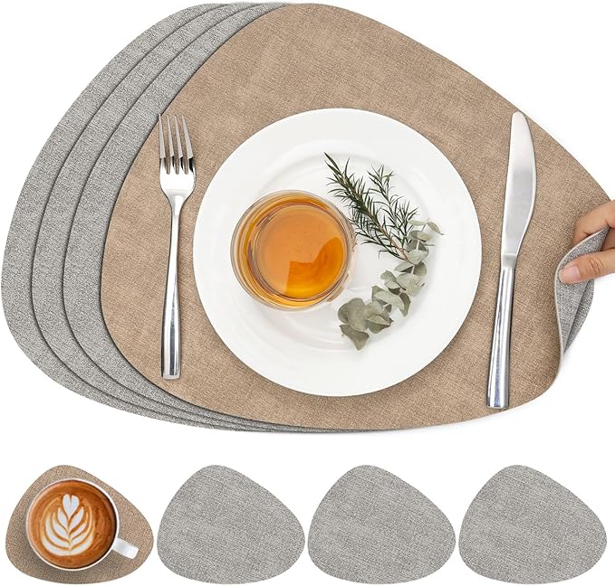 Placemats and Coasters, Washable Placemats Round Faux Leather Wipeable Place Mats Non Slip Heat Resistant Indoor Outdoor Table Mats (Set of 4, Light Gray Beige)