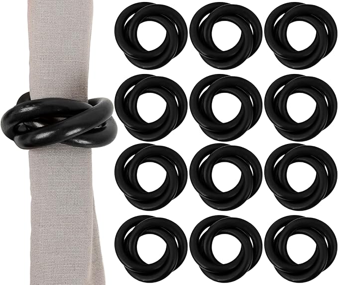 Triple-Ring Wood Napkin Rings, matte black finish, interlocked cuff style by CLEENTABLE