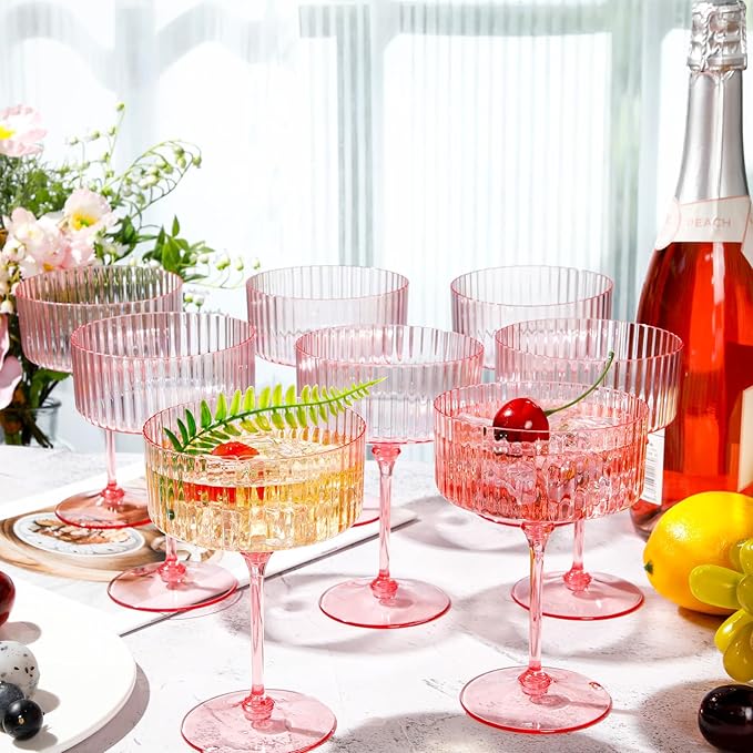 12 Pcs Ribbed Martini Glasses 10 oz Disposable Plastic Vintage Ribbed Coupe Glasses Unbreakable Dessert Parfait Glassware for Wedding Birthday Party Supplies (Pink)