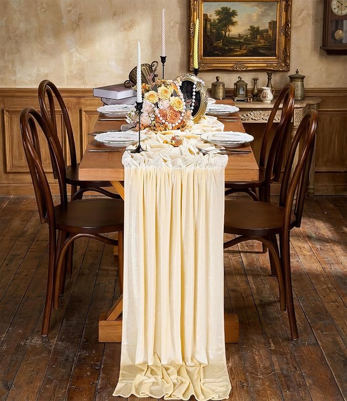Beige Velvet Table Runner 29 x 120 Inch Luxury Farmhouse Tabletop | 3 Pieces - Image 4