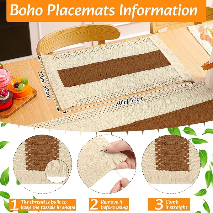 6 Sets Boho Decoration Placemats Round Woven Placemats, Cloth Napkins, Wood - Image 3