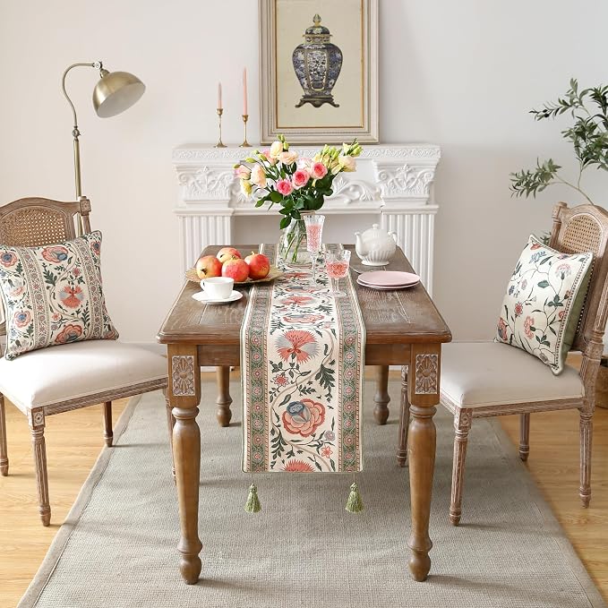 Designer Vintage Linen Extra Long Table Runner, Floral Pattern, Dining Table - Image 9