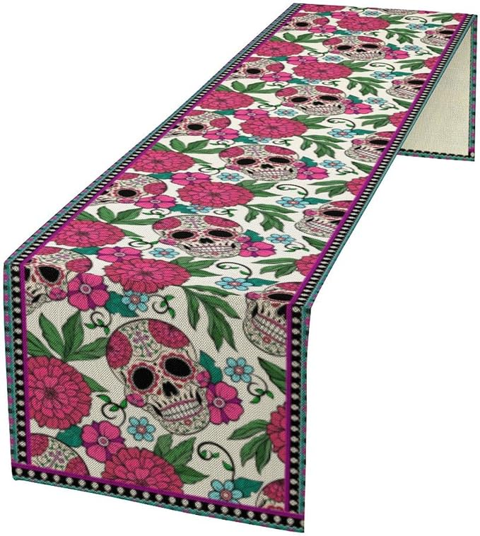 YCness Dia De Los Muertos Table Runner Red Floral Cinco De Mayo Rustic Linen - Image 2