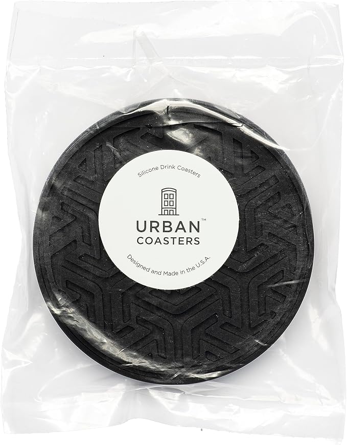 Drink Coasters for Tabletop Protection - Set of 4 No-Slip Silicone Rubber Coasters for Coffee Table, Desk & More - USA-Made Coasters for Drinks w/Liquid-Catching Grooves (Classic Black)