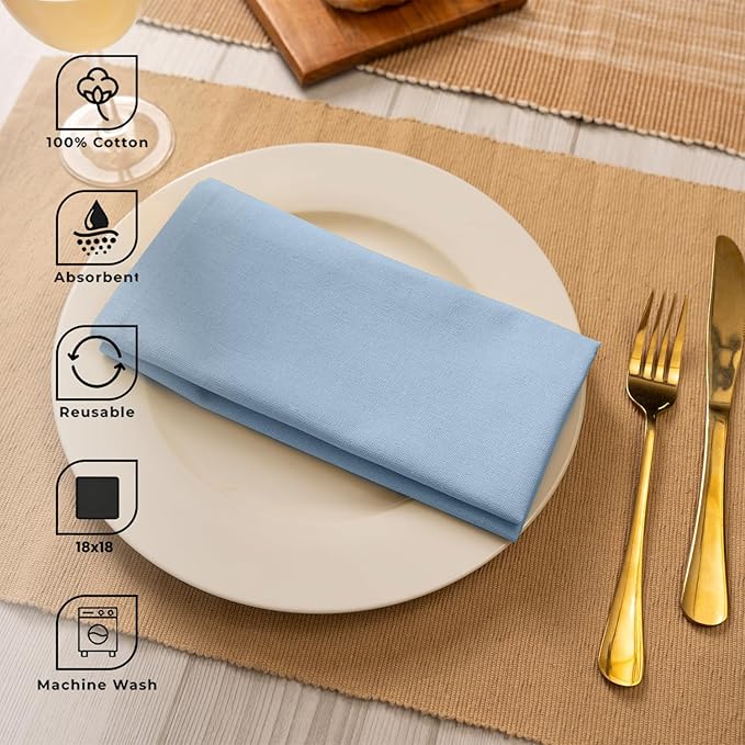 Blue Needles Solid Cloth Napkins Set of 12 Ice Blue 100% Cotton Dinner Napkins 18x18 inches - Soft, Reusable, Absorbent & Washable Linen, Ideal for Wedding Events, Parties & Everyday Use