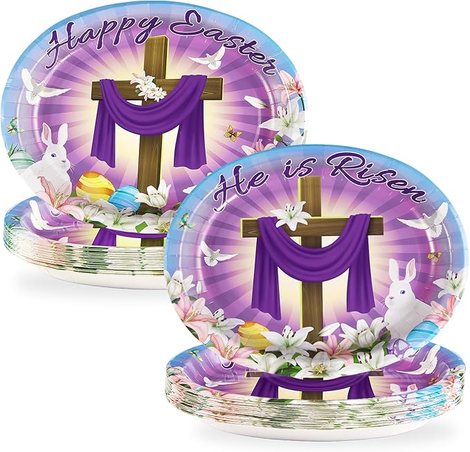 50PCS He is Risen Oval Paper Plates 10" X 12" Disposable Easter Jesus Plates Happy Easter Paper Plates Cross Easter Tableware for Spring Lily Floral Religion Christ Easter Day Party Decorations