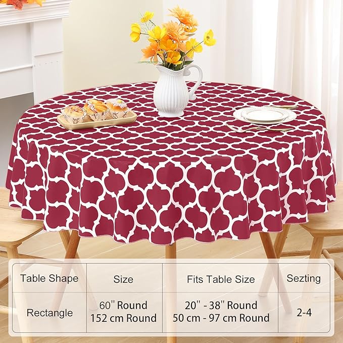 Smiry Round Plastic Table Cloth, Waterproof Vinyl Tablecloth with Flannel Backing for Round Tables, Wipeable & Spillproof for Dining, Camping, Indoor and Outdoor (60" Round, Burgundy)