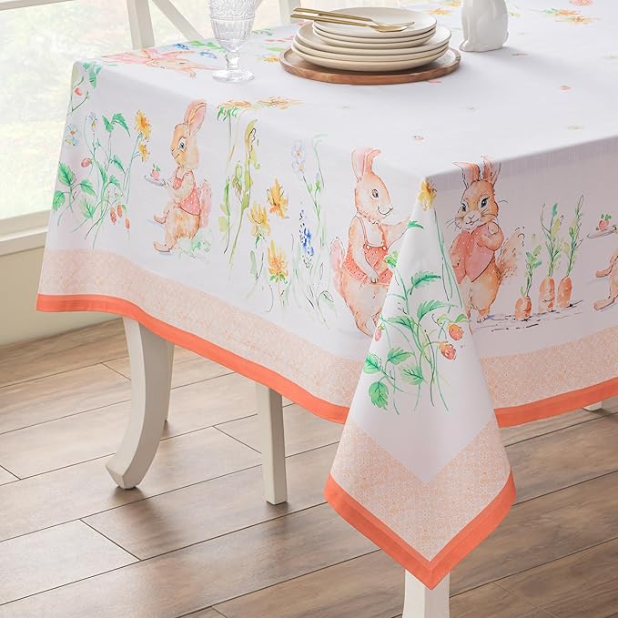Maison d' Hermine Table Cloth Rectangle Table 100% Cotton 60 x 108 Inches Tablecloth Reusable Decorative for Dining Room Farmhouse Home Valentines Day Decorations Spring Summer - Bunny Party