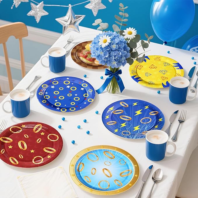60Pcs Blue with Gold Ring Paper Plates 9" Disposable Heavy Duty Cartoon Tinsel Video Games Dessert Paper Plates Hedgehog Party Tableware Set for Kids Birthday Baby Shower Party Decorations