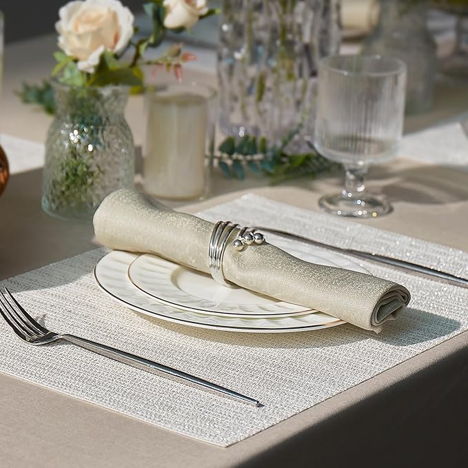 Leetaltree Luxury White and Silver Woven Placemats Set of 12 - Waterproof Washable Textured Table Mats for Wedding, Anniversary, Daily Use - Sparkling Metallic Thread Table Decor - Hand-Cut