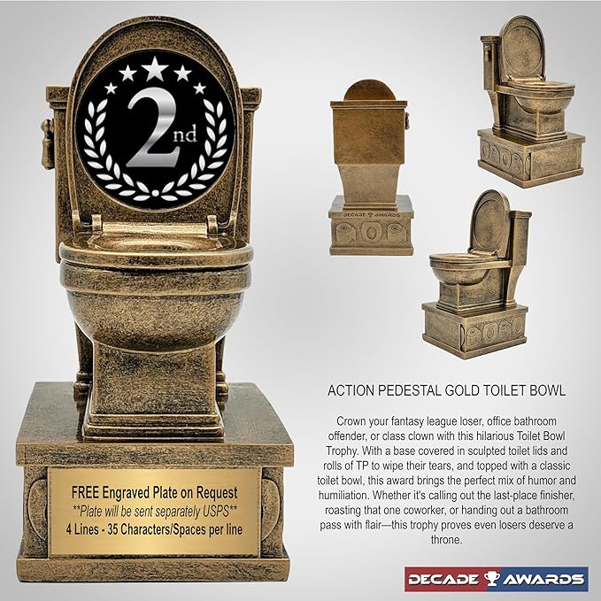 Decade Awards Action Pedestal Gold Toilet Bowl Trophy with Optional Inserts - Custom Engraved Plate On Request (7 Inch Tall)