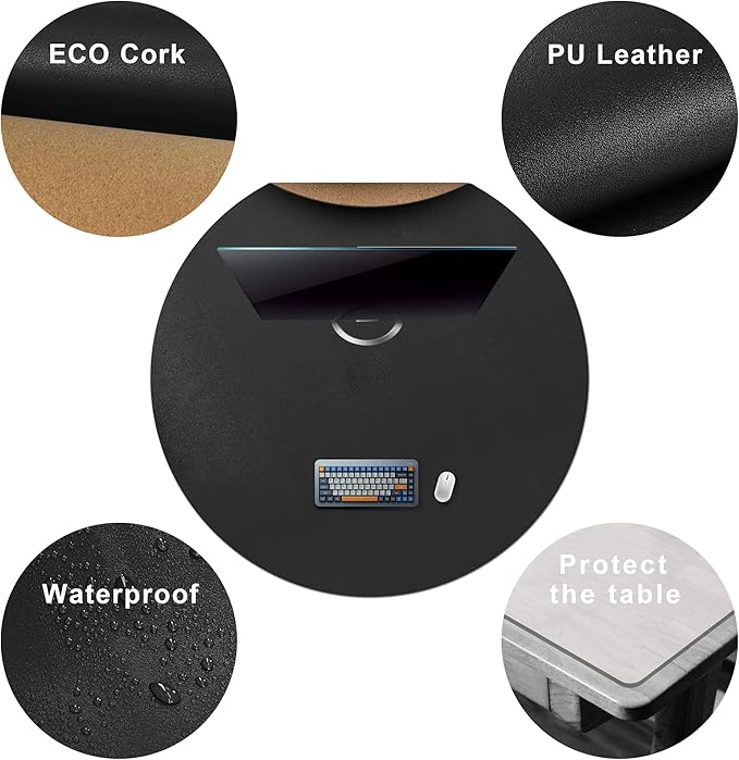 CENNBIE 42/40/36/32/30 Inches Round Table Mat - Cork Leather Placemats - Suitable as Side Dining Coffee Table Cover - Can Be Cut to Fit (Black)