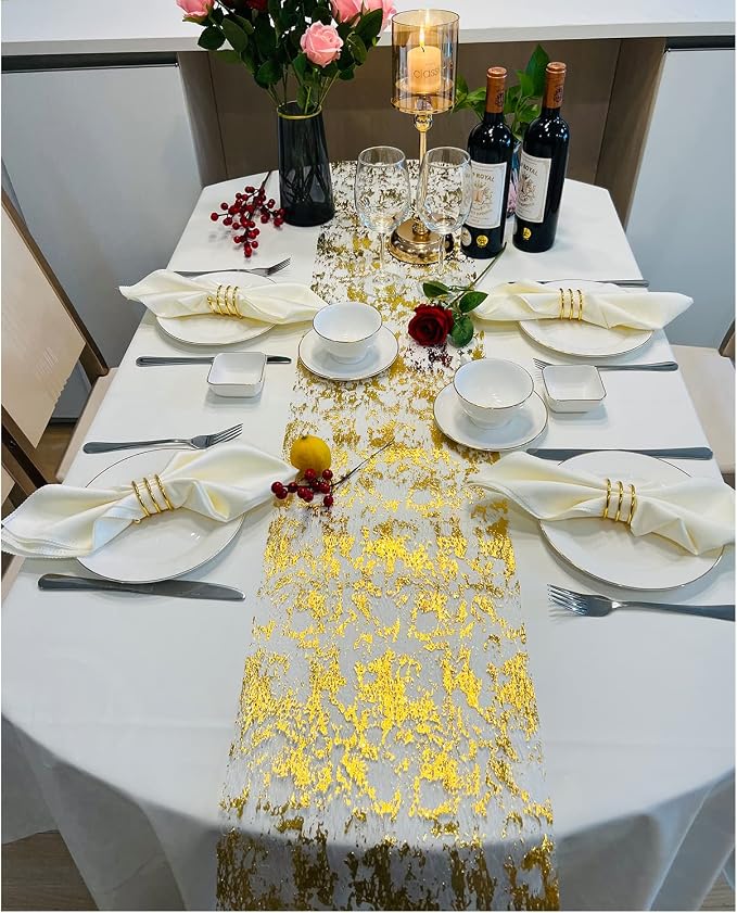 Gold Table Runner 2 Pieces, Sequin Glitter Foil Metallic Mesh Gold Table - Image 2