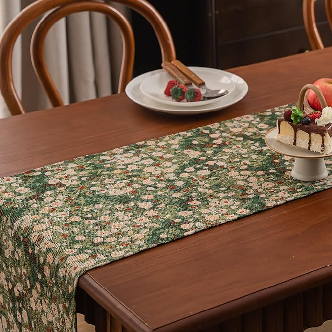 Ditsy Floral Table Runner Daisy Green 13 x 86 Inch | Jacquard Weave Pattern - Image 4
