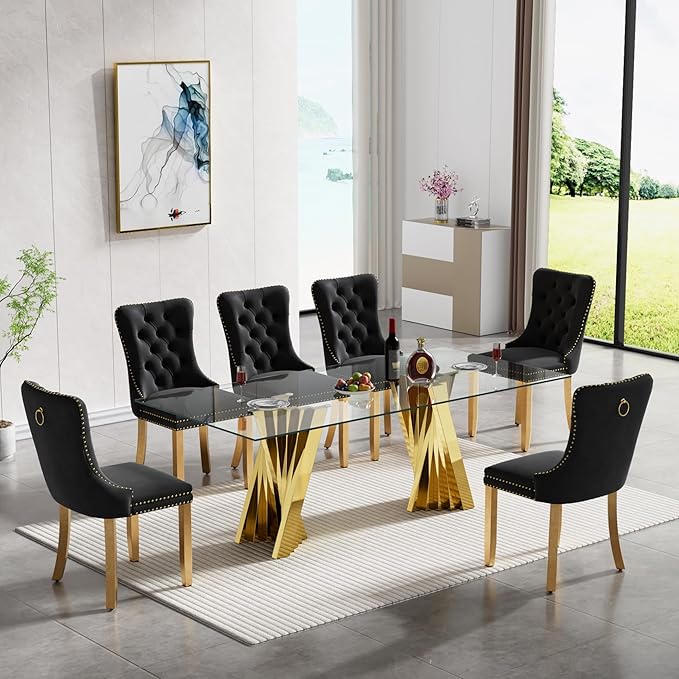 7 Piece Glass Dining Table Set,70" Dinner Room Glass Table Set for 6,Modern Kitchen Dinner Table Set with Stainless Steel Base and 6 Upholstered Velvet Dining Chairs for Living Dining Room