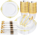 Nervure 175PCS Gold Plastic Plates - Disposable White Gold Party Plates & Pre Rolled Napkins with Cutlery for 25 Guests, 50Plates, 75Silverware, 25Cups, 25Napkin for Wedding & Party