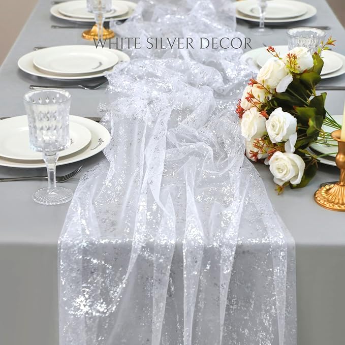 Snowkingdom 10 Pcs 10 FT Silver Table Runners, Sheer Chiffon Gauze Cheesecloth - Image 4