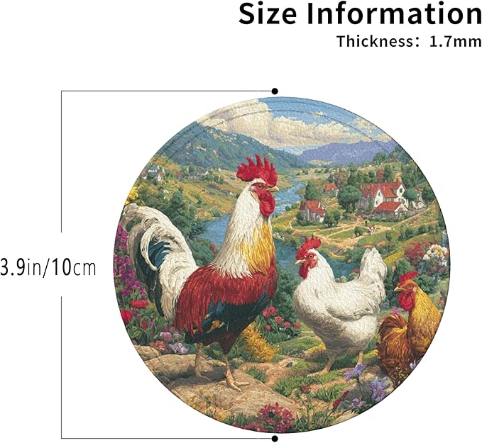 Rooster Coasters Leather Round Drink Coasters 6 Pcs Set with Holderor for Cup Drink Coffee Table Bar Home Decor