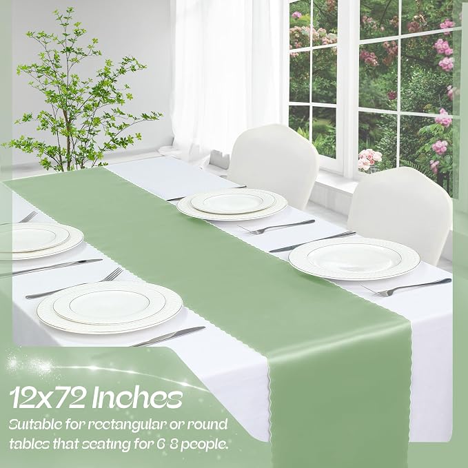 VACVELT Sage Green Satin Table Runners, 12x72 Inch, 12 Pack, Scalloped Edge | - Image 3