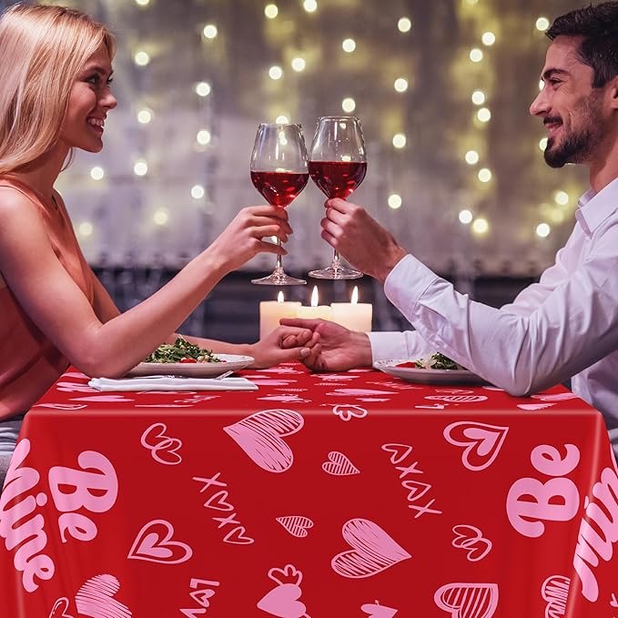 QZYL 6 Pcs Valentines Tablecloth, 54" X 108" Pink Love Heart Plastic Table Cover, Valentines Disposable Rectangle Table Cloth, Valentine's Decorations for Love Wedding Engagement Anniversary Party