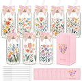 8 Set Floral Glass Cups with Lids and Straws, 16oz Flower Coffee Cup | Gifts by Unknown