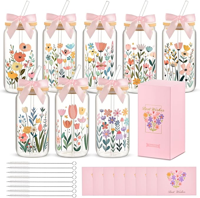 8 Set Floral Glass Cups with Lids and Straws, 16oz Flower Coffee Cup | Gifts by Unknown