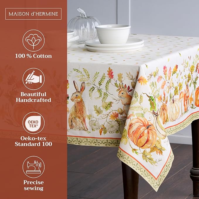 Maison d' Hermine Table Cloth Square Table 100% Cotton 54 x 54 Inches Fall Tablecloth Reusable Everyday Use for Thanksgiving Christmas Decorations Dining Farmhouse Party (Pumpkin Passion)