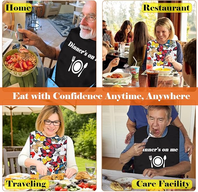 Adaptive Utensils with Adult Bibs - 4pcs Weighted Utensils Set (2.5oz Each) for Hand Tremors, Elderly, Parkinson's, Arthritis - Non-Slip Easy Grip Handles for Independent Eating