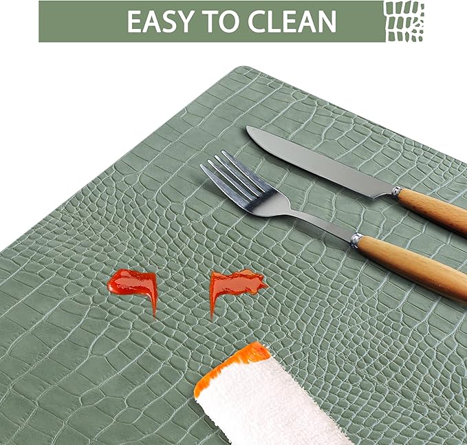 Jovono Faux Leather Placemats Set of 8, Waterproof Heat Resistant Dinner Place Mats for Dining Table, Non-Slip Crocodile Embossed, Green (17.8x11.8 Inch)