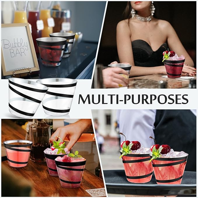 Gejoy 9 oz Rimmed Swirl Plastic Cups Disposable Wine Drinking Cups Clear Elegant Halloween Tumblers for Christmas Party Supplies(Black,200 Pcs)