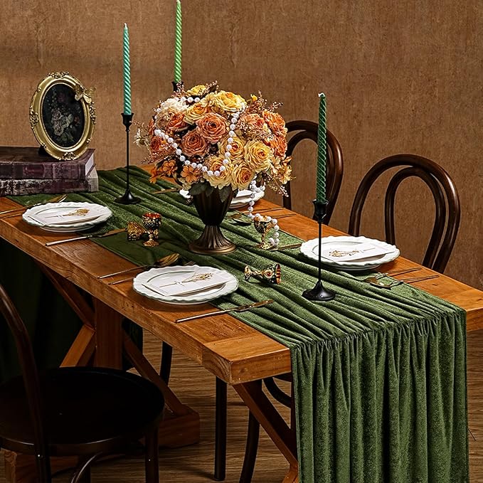 Olive Green Velvet Table Runner 29x120 Inch 10ft Long Soft Velvet Fabric | 10ft - Image 4