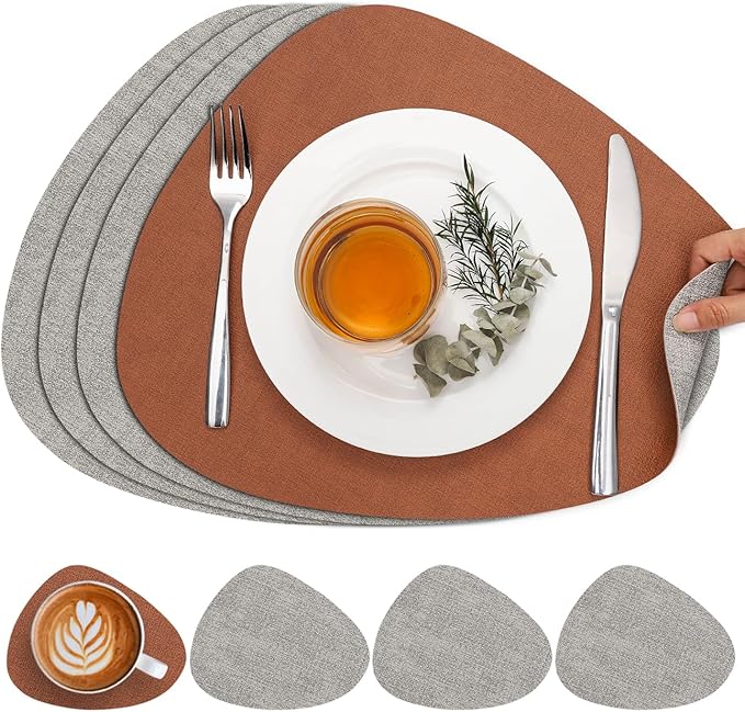Placemats and Coasters, Washable Placemats Round Faux Leather Wipeable Place Mats Non Slip Heat Resistant Indoor Outdoor Table Mats (Set of 4, Light Gray Reddish Brown)