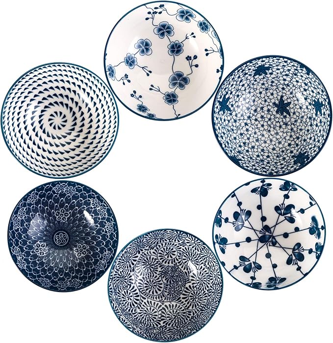 Foraineam 6 Pieces Blue and White Floral Rice Bowl Set 8 oz Japanese Style - Image 2