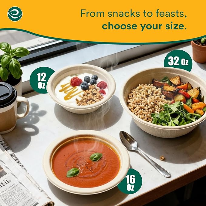 ECO SOUL 100% Compostable 16 Oz Soup Bowls [100-Pack] Disposable dessert bowls I Heavy duty paper bowl I Eco-friendly salad bowl I Biodegradable large Bowls