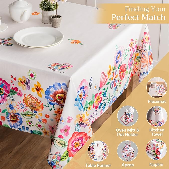 Maison d' Hermine Table Cloth Square Table 100% Cotton 60 x 60 Inches Tablecloth Reusable Decorative for Dining Room Farmhouse Home Valentines Day Decorations Spring Summer- Happy Florals -High Summer