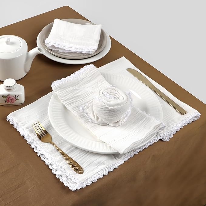 Fingercraft Dinner Cloth Napkin Cotton Muslin Double Gauze 8 Pack with Classic Lace for Everyday Use, Wedding, Party, Christmas, Easter Napkins Cloth are Pre Shrunk and Good Absorbency White