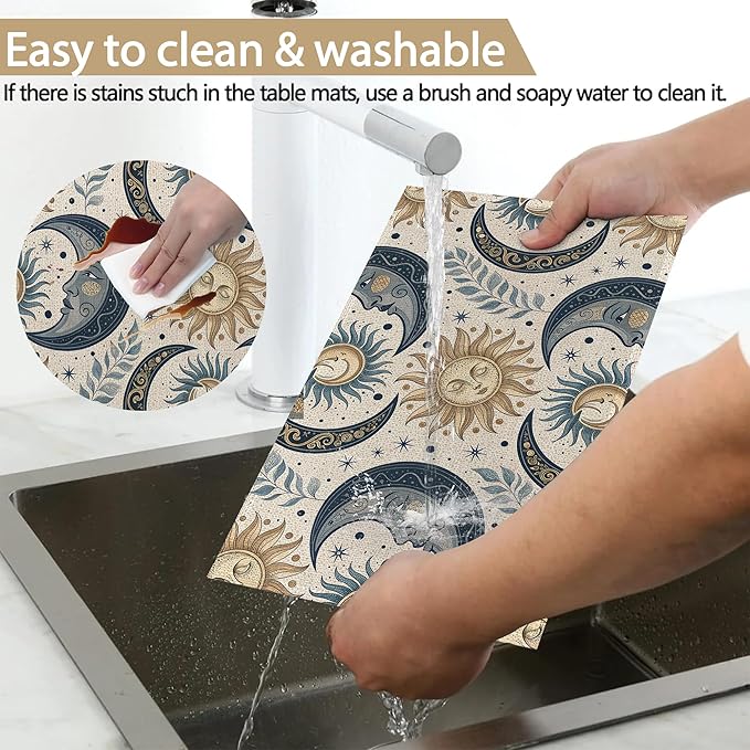 Sun Moon Stars Placemats, Boho Celestial Placemats 12x18 Inch Waterproof Non-Slip Washable Table Mats for Kitchen Dining Party Table Decor,Set of 6