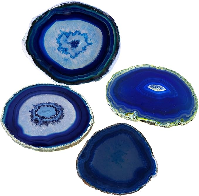 AMOYSTONE Blue Agate Coasters Set of 4, 3.5-4 Inch Polished Gemstone Coasters with Rubber Bumpers, Elegant Wedding Gift for Couples, Home Bar Decor