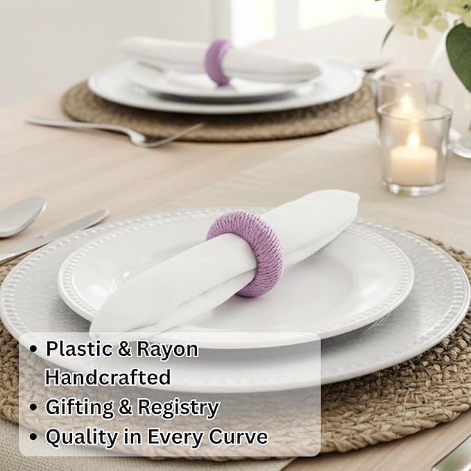 ALPHA Living HOME Napkin Rings for Dinner Table Set of 12 - Handmade Rayon Farmhouse Table Decor, Boho Chic Wedding Accessories, Holiday Party Decor, Dining Table Setting (Purple)