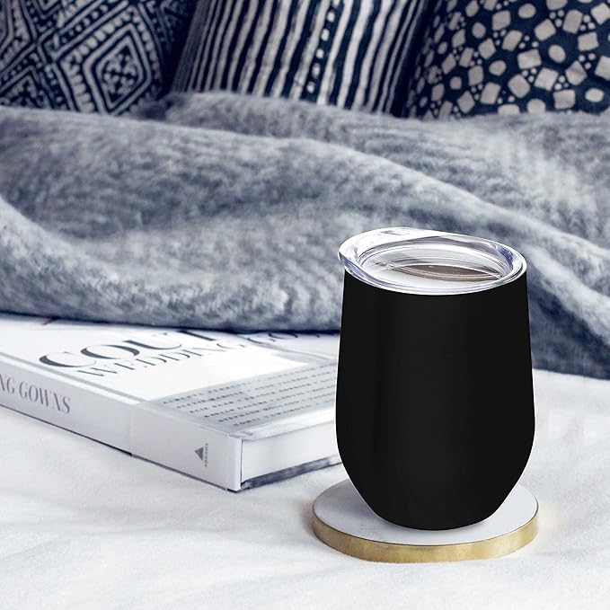 DISCOUNT PROMOS Stemless Wine Glass Tumblers with Lids by Largo 11 oz. Set of 6, Bulk Pack - Perfect for Wine, Cocktails, Other Hot & Cold Beverages - Black