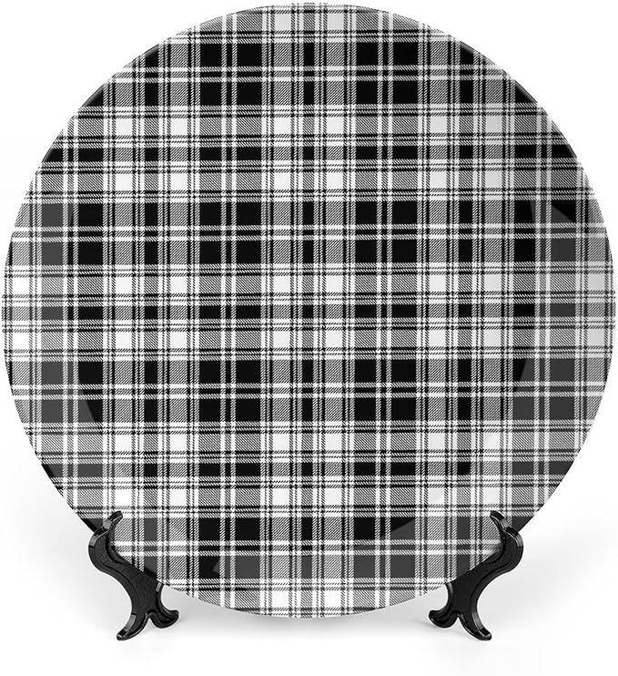 Decorative Plates, Abstract Decor Print Ornament, British Tartan Stripes Pattern, 10 Inch, 1 Plate with 1 Display Stand, Black White