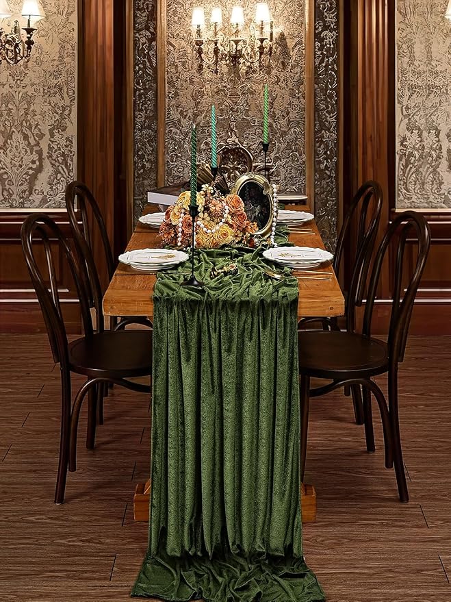 Olive Green Velvet Table Runner 29x120 Inch 10ft Long Soft Velvet Fabric | 10ft - Image 5